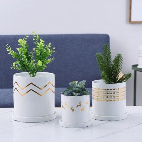 Nordic Style Simple Cylinder White Printing Creative Pattern Succulent Green Rose Flowerpot Tray Ceramic Flowerpot