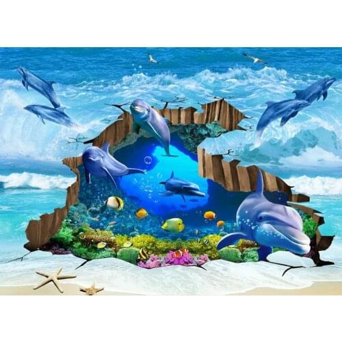 Modern sticker 3D floor Waves Underwater World Dolphin floor cracks PVC Wall paper self-adhesive Floor mural