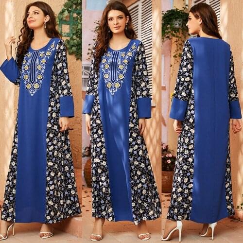 Ethnic Muslim Women Embroidery Maxi Robe Gown Middle East Dubai Kaftan Islamic Clothing Floral Print Patchwork Abaya Arabic New