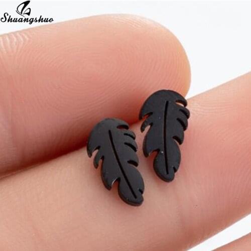 Shuangshuo Boho Vintage Stainless Steel Leaf Black Feather Earrings Women Guys Jewellery Accessory Best Friend Stud Ear Brincos