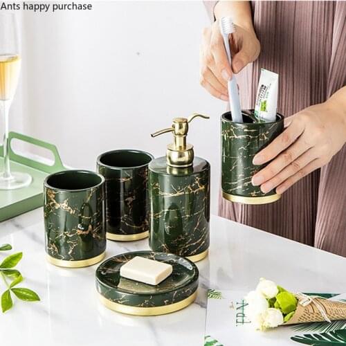 Green Marbling Bathroom Set Ceramics Bathroom Supplies Mouth Cup Lotion Bottle Toothbrush Holder Soap Dish Bathroom 5-piece Set