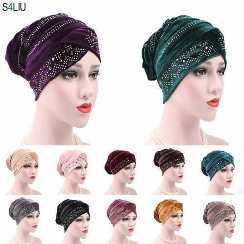 Women Elastic Velvet Drill Hot Head Wrap Hat Headwrap Fashion Strips Turban Cap Accessories Beanies Skullies Hair Loss Headscarf