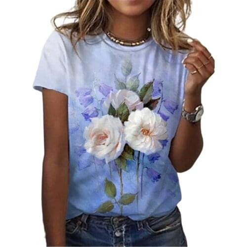 Womens Clothing Summer 2021 Short Sleeve 3d Flower Print Tshirts Summer Casual Loose Women Top Plus Size Tee Ladies Streetwear