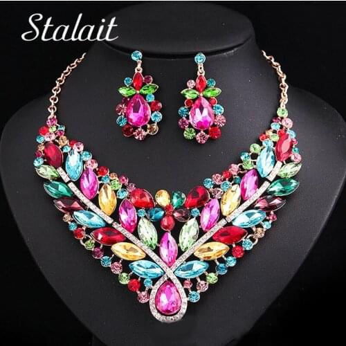 Hot Charm Flower Austrian Colorful Crystal Pendant Necklace Earrings Wedding Jewelry Set For Women Cross Gold Color Jewelry