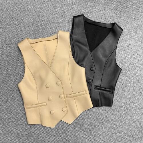Spring Autumn 2021 womens High quality Genuine leather Double-breasted Vest Tops Chic OL leather Waistcoat C168