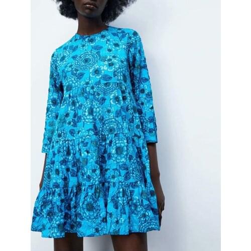 ZA Summer Women Floral Printed Dress 2021 New Fashion 3/4 Sleeve Casual Mini Party Vestido Elegant O-neck Girls Causal Outfits