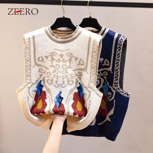 Retro Sweater Vest Women Sleeveless Knitted Sweet Korean Jumpers Female Jacquard Loose Winter Tops Chic Folks Style Harajuku
