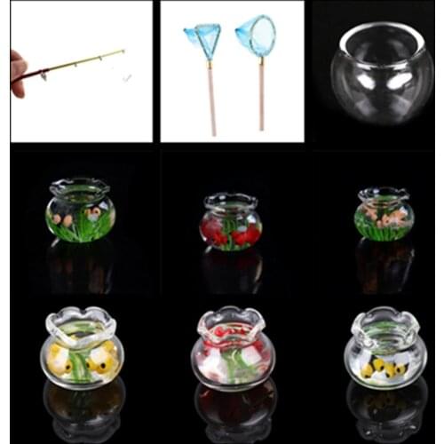 1PCS 1:12 Pet A Glass Bowl For Fish Tank Pole Nets Dollhouse Miniature 1/12 Doll House Decor Accessories