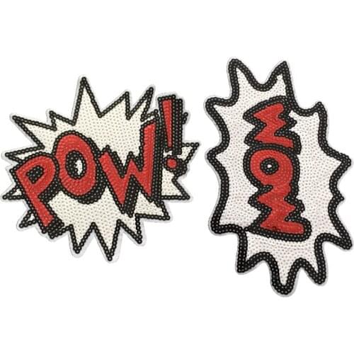 1Piece WOW/ POW! Sequined Iron on Patches for Clothes Bags DIY Sewing Large Letters Sequins Applique Patch Badge New Arrival
