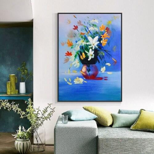 100% Hand Painted Flowers Oil Painting On Canvas Handmade Abstract Blue Painting Wall Art For Modern Home Living Room Decoration