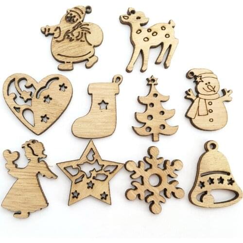 50Pcs Wooden Christmas Ornaments XMAS Party Decor Environmental Natural Color Creative Cartoon wood chips Snowflake Deer Deco