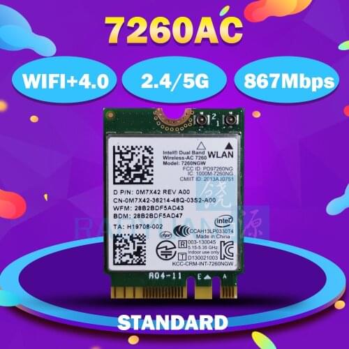 Dual Band Wireless-AC 7260 7260NGW 7260AC NGFF Bluetooth4.0 867Mbps Wifi Card for dell laptop Wlan Card