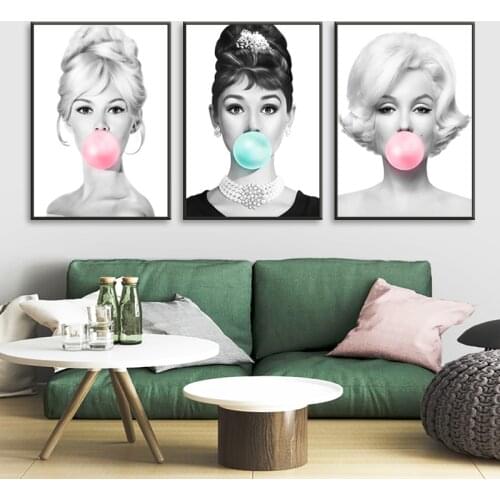 Girl Room Decoration Painting Audrey Hepburn Art Posters Pink Bubble Gum Wall Paintings Nordic Style Home Decor Canvas Pictures