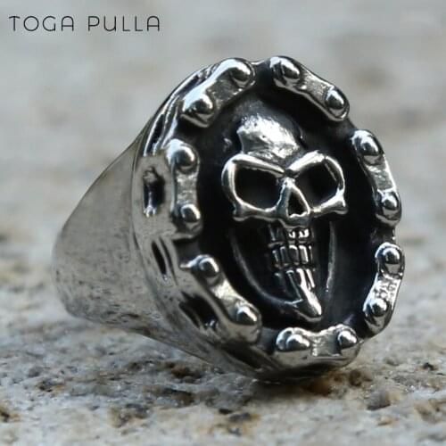 Cool Mens Punk Rock Biker Skull Ring Male 316L Stainless Steel Cross Biker Chain Link Ring Mens Hip Hop Gothic Jewelry