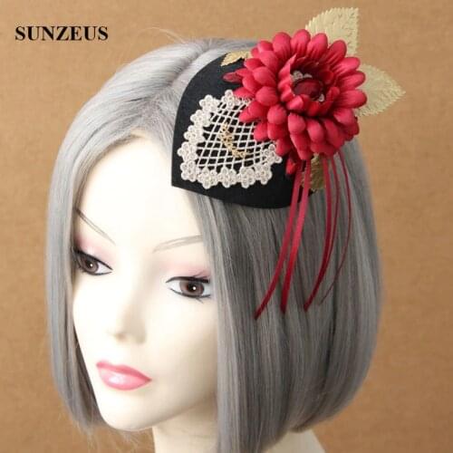 Small Black Hat With Big Red Flowers British Vintage Elegant Bridal Ceremonial Hat Fashion Hat Holloween Party FJ-08