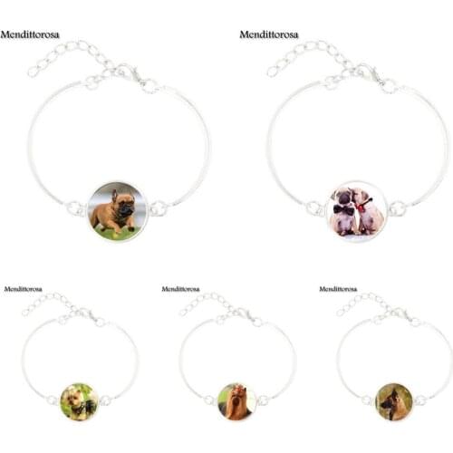 Mendittorosa Pet Dogs Labrador Bulldog Poodle Fashion Jewelry Cabochon Glass Black Leather Bracelet Bangle For Women Party
