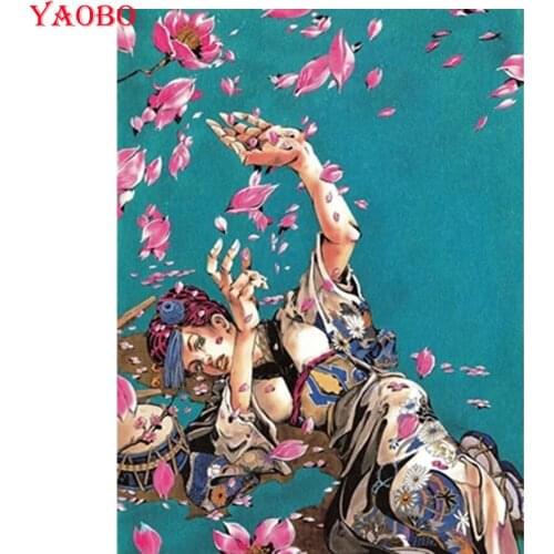 Diy full square round diamond painting fantasy art japanese woman flower 5d diamond mazayka embroidery beads diamond mosaic kit