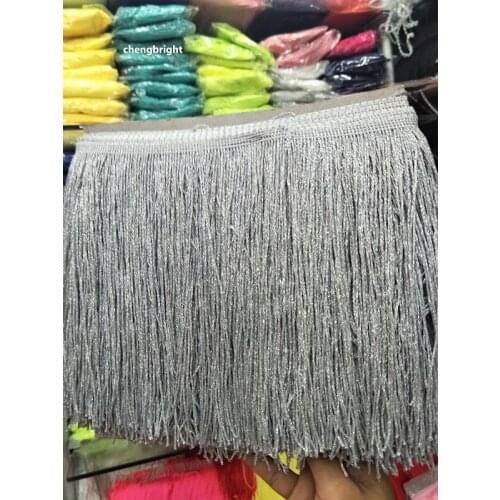 Wholesale 10m Long chinlon Tassel Fringe Decorating Lace Ribbons Accessories Sewing Latin Dress Clothing 20cm width silver silk