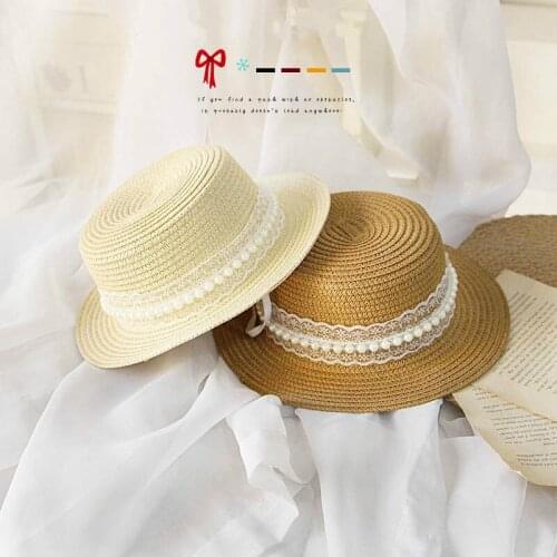2-6 Years Baby Girls Summer Cap Fashion Lace Pearl Decorate Kids Straw Hat for Children Kids Sun Cap Outdoor Travel Beach Hats