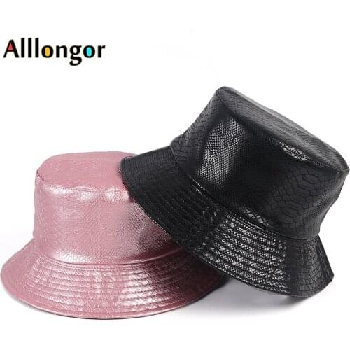 Leather Bucket Hat Women Reversible New Fashion 2020 Crocodile Print bob femme Fishing Fisherman Cap Black Hip Hop