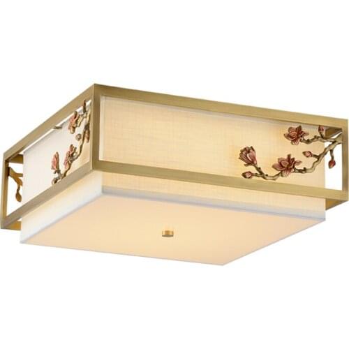 New Chinese all copper square fabric ceiling lights modern bedroom corridor flower branches decor lighting study ceiling lamps