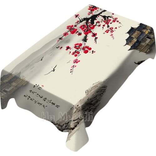 Landscape Painting House Plum Blossoms Design Rectangle Tablecloth Picnic Bbq Kitchen Dining Decoration