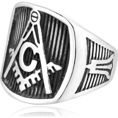 Retro Men AG Masonic Ring Silver Color 316L Stainless Steel Ring Hip Hop Steam Punk Party Church Belief Ring Birthday Gift