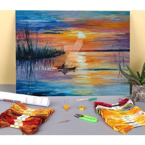 Fishing On The Lake Printed Fabric 11CT Cross Stitch Full Kit Embroidery DMC Threads Handiwork Sewing Needlework Decor