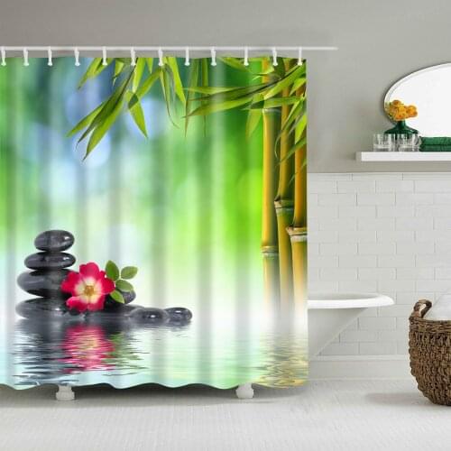 Zen Green Bamboo Plant Shower Curtains Tropical Leaf Flower Scenery Pattern Bathroom Decor Accessories Hanging Cloth Curtain Set