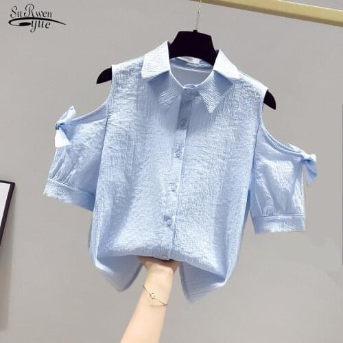 2021 Summer New Off Shoulder Chiffon Shirt Women Casual Korean Style Loose Solid Color Blouse Women Short Sleeve Lady Tops 15477
