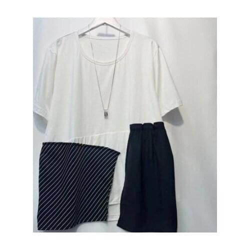 Irregular Striped Patchwork Hem Chiffon O Neck Short-sleeved T-shirt Loose Plus Size Top Female U081