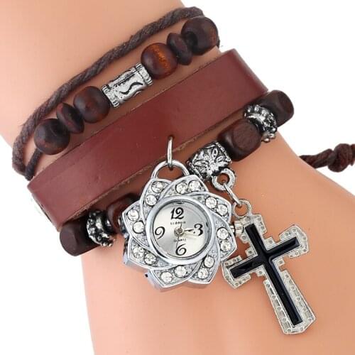 Gnova Platinum Genuine Leather Bracelet Women Watch Small Christian Cross Crystal Charm Retro Quartz Fashion Wristwatch A891