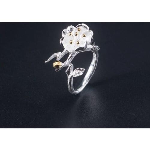 VLA 925 Sterling Silver Creative Design Begonia Flower Ring Womens Romantic Natural Flower Ring Adjustable Size