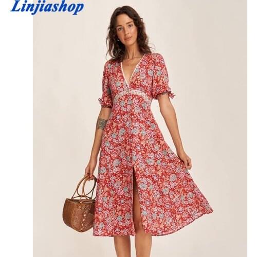 Spring summer women midi dress bohemian floral print sexy v neck short sleeves loose maxi dress holiday beach robe femme