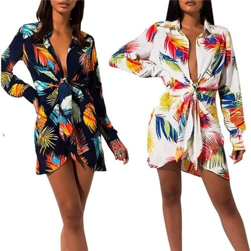 Women 's Casual Long Sleeve Dress Fashion Printing Bandage V-Neck High Waist Short Dress