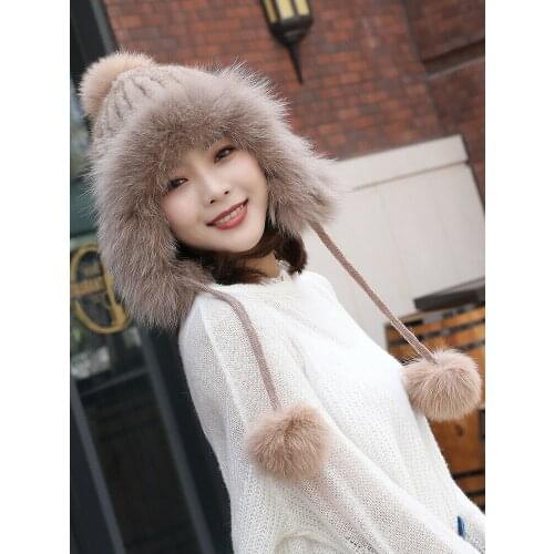 100% Reak Genuine Knit Mink Fur Hat With Fox Fur Brim Fur Pom Pom cap snow cap