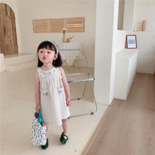 2021 Summer Kids Vest Dress New Arrival Toddler Girls Casual Cotton Sleeveless Dress Cute Korean Baby Embroidery Dress For Girls