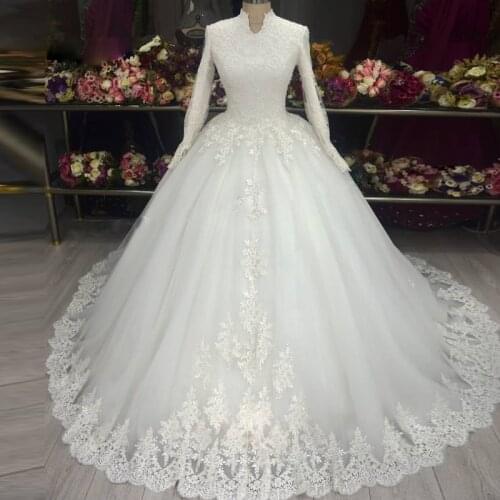 2021 Muslim Wedding Dress Plus Size High Neck Lace Applique Ball Gown Wedding Gowns Long Sleeve Wedding Dresses for Women
