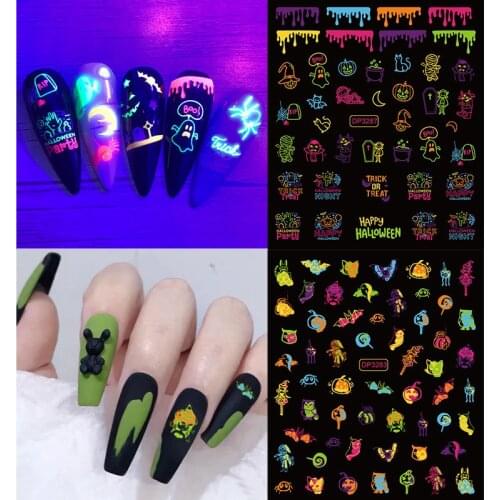 2021 Glowing In The Drak Halloween Nail Art Stickers Skull Little Monster 3D Adhesive Fluorescent Slider Funny Decals Manicure