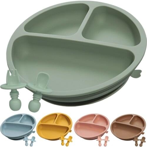 3Pcs/Set BPA Free Solid Silicon Baby Suction Plate Fashionable Feeding Accessorie Newborn Learning Plate Set With Fork Spoon