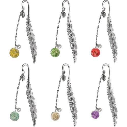 6 Pieces Metal Feather Bookmarks with Dry Flower Pearl Pendant Crafts Vintage Creative Book Mark Clip Page Marker