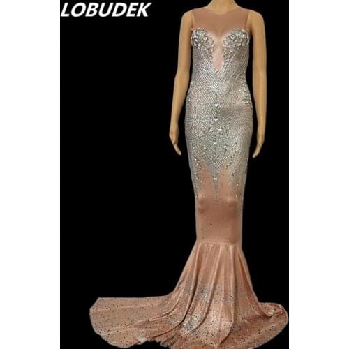 Sparkly Silver Rhinestones Long Mermaid Dress Birthday Evening Performance Dresses Nightclub Women Singer Host Fishtail Dress