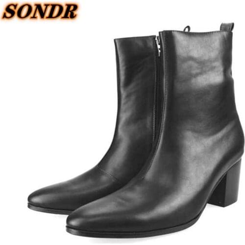 Fashion Men Ankle Boots Soft Leather Men Pointed Toe Men High Heels Waterproof Zipper Shoes Suede Comfortable Chelsea Boots Men