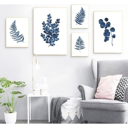 Ink Blue Fern Print Color Indigo Leaf Plant Art Canvas Poster, Ink Blue Eucalyptus Leaf Painting Family Wall Decoration