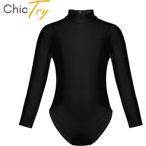 ChicTry Children Long Sleeve Mock Neck Professional Ballet Leotard Girls Solid Color Gymnastics Leotard Bodysuit Kids Dance Wear