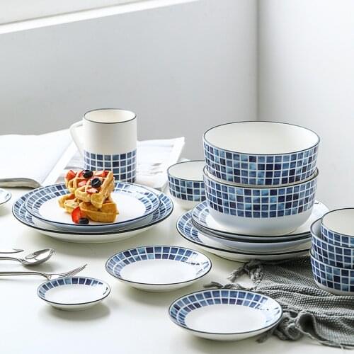 LingAo Ceramic blue tableware fruit plate Western dish pasta mug noodle bowl salad bowl blue Mosaic tableware
