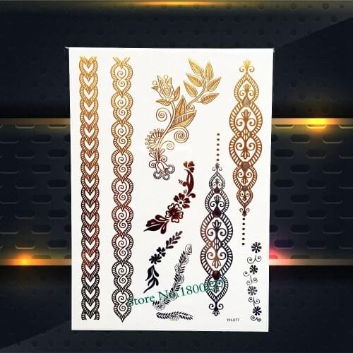 Classic Gold Metallic Tattoo Indian Bracelet 21x15CM Women Henna Flower Arm Tattoo Decal Waterproof Temporary Jewelry Stickers