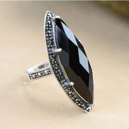 Silver ornament personality Thai silver hollow out ms inlay zircon long black agate ring fashion accessories wholesale