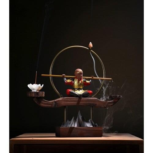 Creative Chinese Zen Ornaments Monkey King Winning Buddha Agarwood Backflow Incense Burner Living Room Porch Desktop Decoration