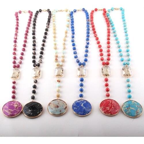 Fashion Bohemian Jewelry Multi Color Stones Rosary Chain Rectangle Crystal Link Stone Pendant Necklaces Women Ethnic Necklace